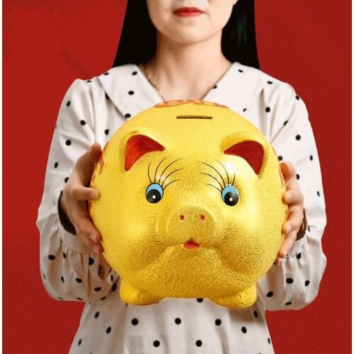 Large Ceramics Money Box Cartoons Golden Pig Paper Piggy Bank for Kids Saving Money Box Huchas De Dinero Home Decor DB60CQ