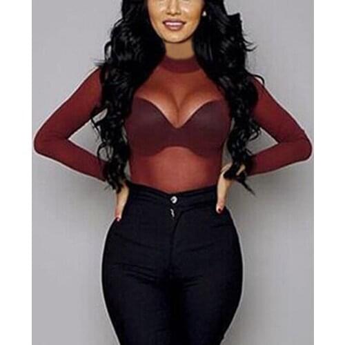 Sexy Women T Shirt See Through Transparent Mesh Tops Long Sleeve Sheer Slim Ladies Turtleneck T-Shirt