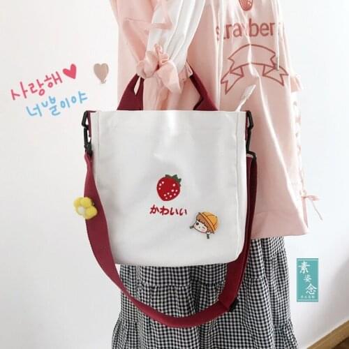 Canvas Casual Strawberry Printed Cute Cartoon Fruit Shoulder Bag Women Girl Fashion Zipper Shopping Handbag Small Messenger Bags