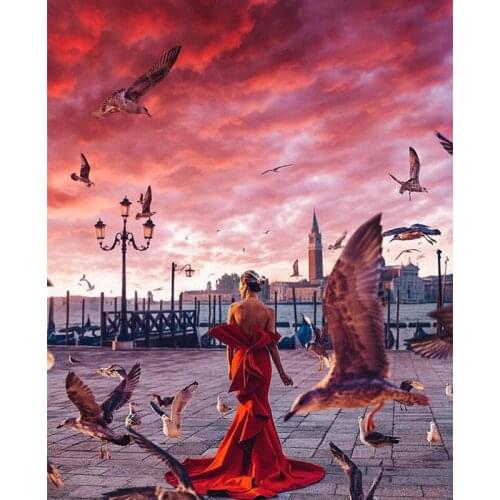 Painting By Number 50x65CM Seagull Girl In Red Dress Figure Wall Art Gift DIY Pictures By Numbers Canvas Kits Home Decoration