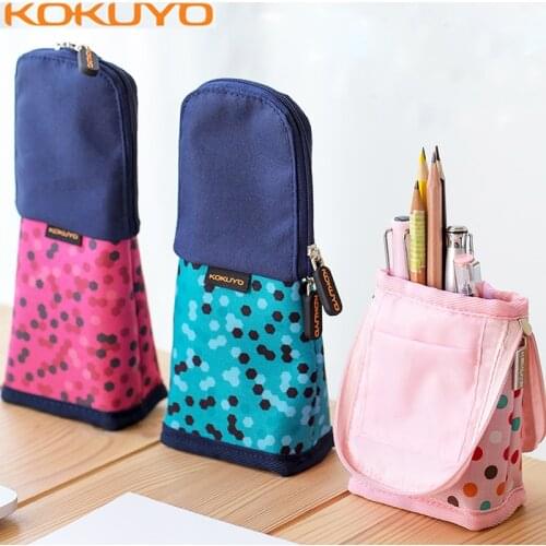 KOKUYO Japan Kawaii Pencil Case Standing Polka Dot Canvas Pencil Bag Kids School Pen Box for Girls Cute Pencilcase for Boy Girl