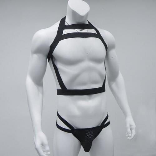 Hot Men Male Halter Neck Costume Adult Bondage Elastic Shoulder Chest Harness Hollow Out Strap Lingerie Thong Jockstrap Set
