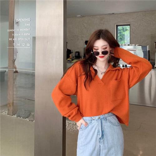 Fashion Lapel Pullover Sweaters Women Loose Solid Color Lazy Elegant Pullover Top Female Knitting Jumpers Autumn Winter 2021New
