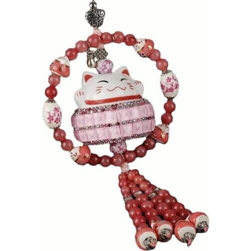 Cartoon Ceramic Lucky Cat Rhinestone Crystal Car Pendant Rearview Mirror Car Decoration Gift Anime Car Accessories