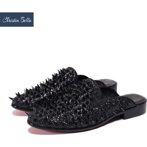 Christia Bella British Fashion Prom Party Men Loafers Sequin Rivets Muller Shoes Nightclub Casual Smoking Slippers Slip On Flats