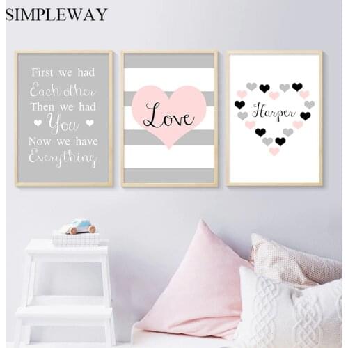 Pink Heart Nursery Family Quote Child Poster Canvas Wall Art Print Minimalist Painting Nordic Kid Baby Room Decoration Picture