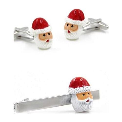 WholeSale 50sets/lot Novelty Santa Claus Cufflinks + Tie Clips Sets Christmas Gift High Quality Brass Copper Cuff Link + Tieclip