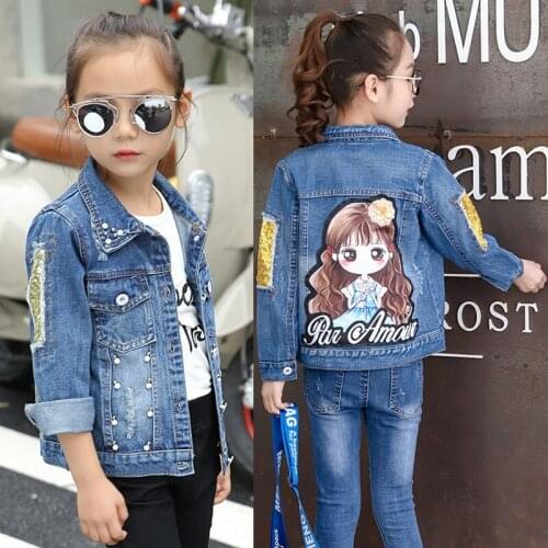 2019 Autumn Girls Denim Jacket Cartoon Sequins Fashion Kids Jeans Coats Patchwork Childrens Windbreaker Spring Baby Outerwear