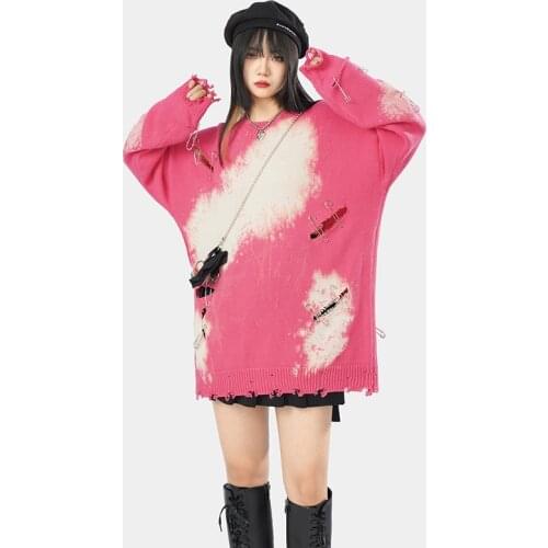 Autumn and Winter Splash Ink Pin Hole Tie-dye Sweater Male Dark Loose Tide Fire Destroyed Ripped Pullover Sweater Female Hip Hop