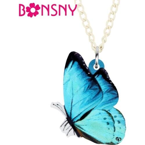 Bonsny Acrylic Blue Morpho Butterfly Necklace Chain Cute Insect Animal Pendant Chain Jewelry Women Girls Trendy Gift Accessories