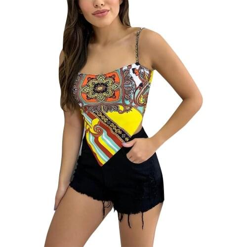 Sexy Vest Tops Women Summer Casual Sling Sleeveless Patchwork Design Bandage Decor Backless Floral Print Slim Camisole Tops Lady