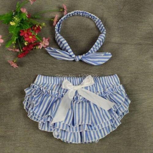 New Style Stripe Baby Girl Black Navy Blue Pink Ruffled Bloomer with Knot Headband