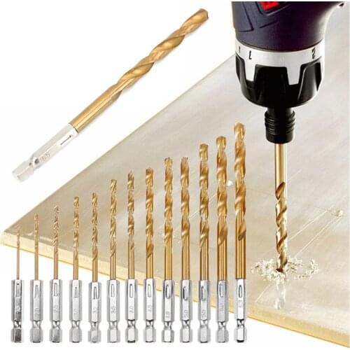 Twist Drill Bit 13pcs/lot 1/4 Hex Shank 1.5-6.5mm HSS High Speed Steel Titanium Coated Drill Bit