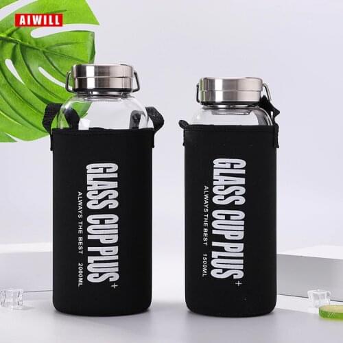 AIWILL Glass water bottle 2000ml/ 1500ml/1000ml/600ml outdoor Transparent portable large-capacity glass bottles gift with bag