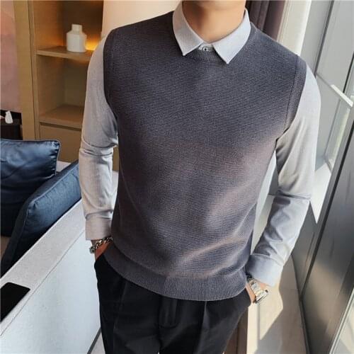 Top Quality Autumn Winter New Fake-2Pieces Pullovers Sweater Men Clothing Fashion Spliced Design Slim Fit Business Pull Homme