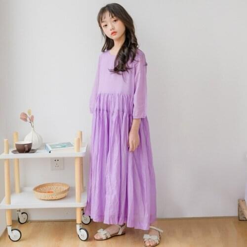 Teen Girls Spring Korean Long Style Cotton Casual Dress Kids Girls Holiday Beach Dresses Brief Children Princess Dress, #8804