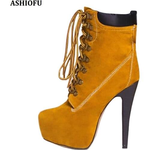 ASHIOFU Handmade Women High Heel Boots Cross Shoelace Platform Ankle Boots Winter Party Prom Evening Fashion Short Boots Shoes