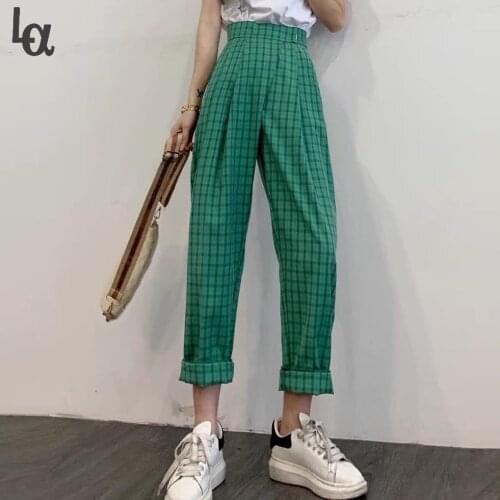 Luck A 2021 Summer Check Casual Pants Ladies Plaid Harem Pants Female Loose High Waist Leggings Yellow Green Fashion Pants