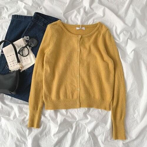 Casual Solid color knitted cardigan women 2021 autumn winter yellow cardigan long sleeve loose female button knitwear sweaters