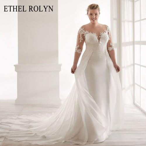 ETHEL ROLYN Plus Size Mermaid Wedding Dresses 2021 Detachable Satin Vestido De Noiva Half Sleeves Appliques Button Bridal Gowns