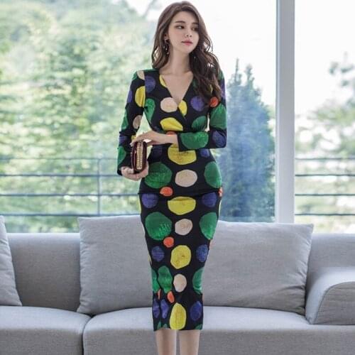 New arrival comfortable fashion print formal dress temperamental v-neck high quality office lady slim sexy cute pencil dress