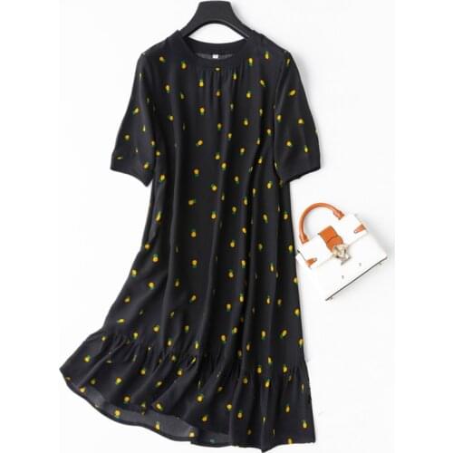 Womens 100% Mulberry Silk Lovely round neck short sleeve Long Dress Black pineapples M L XL MM004