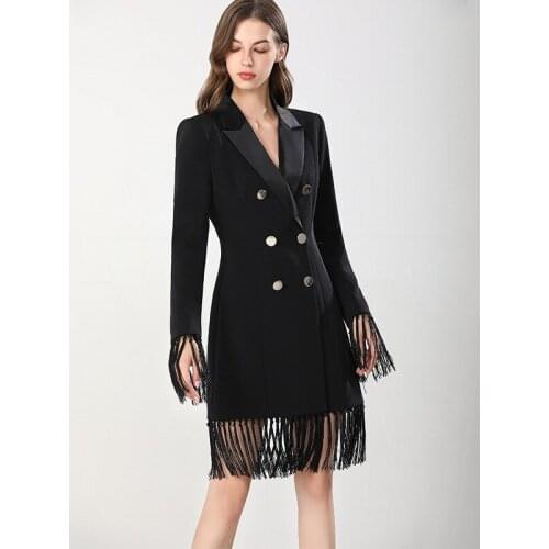 France Style womens Long sleeves tassels dress High quality OL vintage black dobule-breasted dress C664
