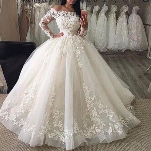 2021 New Wedding Dresses Off Shoulder long sleeve Ball Gown Lace Appliqued Tulle bride dress for mariage bride vestidos de novia