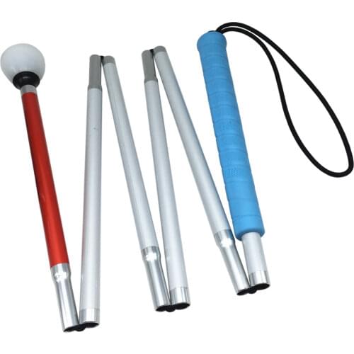 120 cm -155cm,6-Section Aluminum Blind Cane with Blue Handle,Reflective Red, Folding Walking Stick for Blind People