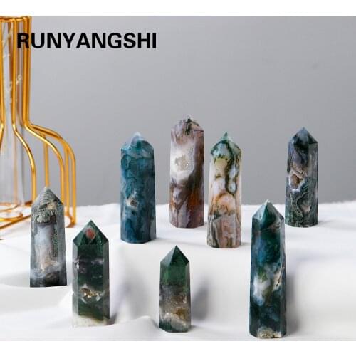 1P CNatural Crystal Healing stone Green water plant agate Crystal Point Moss Agate Crystal hexagonal column ornaments