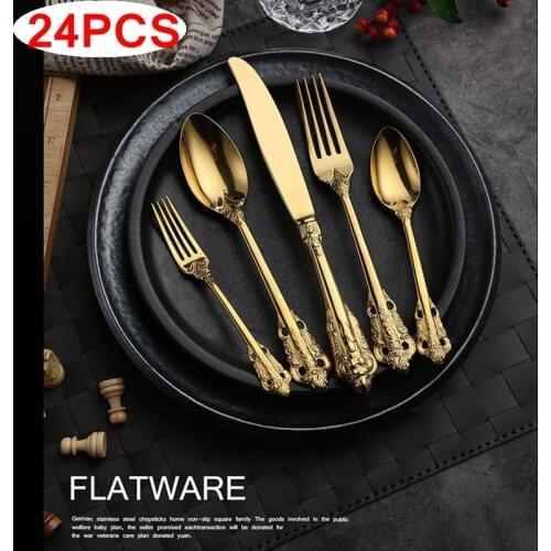 24pcs Vintage Western Gold Plated Cutlery Dining Knives Forks Teaspoons Set Golden Luxury Dinnerware Engraving Tableware Set
