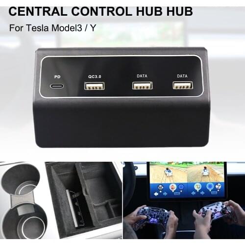 Car Charger 4 In1 USB Hub for Tesla Model3 / Y Center Console USB Dongle Splitter with PD QC3.0 Dual USB Ports Car Accessories