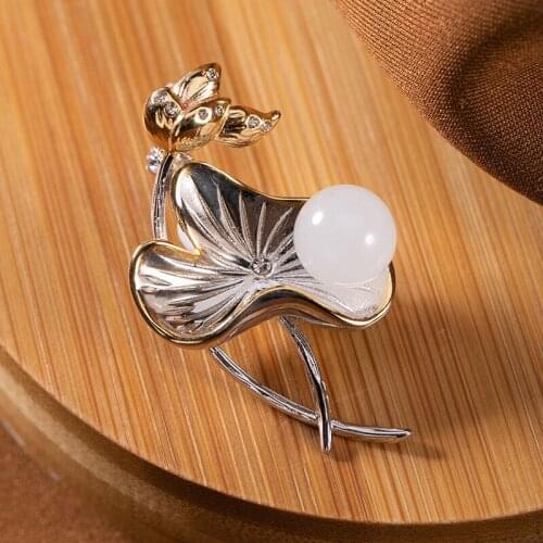 Lotus Leaf Flower Brooch 925 Sterling Silver Brooches For Women Luxury Jewelry Suit Pin Jade Gold Plated Pins Cloth Pendant