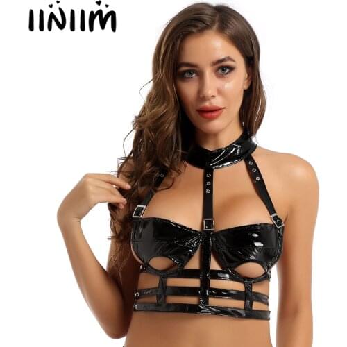 Black Womens Bra Tank Top Punk Gothic Wet Look Patent Leather Clubwear Lingerie Halter Neck Cups Cutout Low Back Caged Bra Top