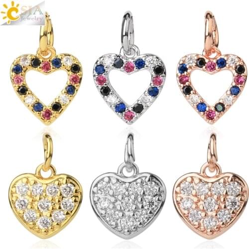 CSJA Rhinestone Crystal Heart Charms for Jewelry Making Craft CZ Gold Silver Plated Copper Metal Enamel Pendant Findings S680