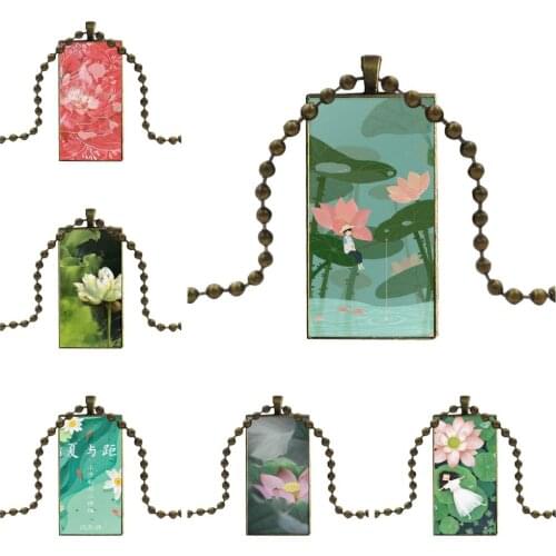 Design Fashion Vintage Glass Women Rectangle Necklace Pendants For Women Jewellery Fashion Elegant White Orchid Paint