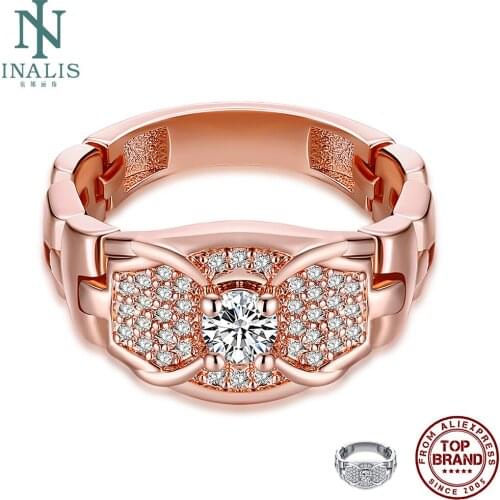 INALIS Rose Gold Plated Geometric Rings For Women And Men Full 5A Clear Cubic Zirconia Unisex Ring Anniversary Fashion Jewelry