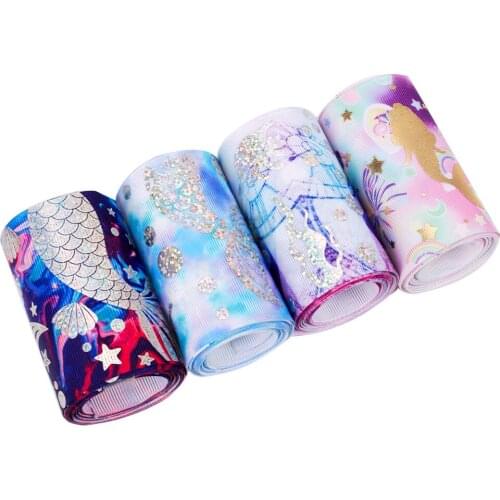 Grosgrain Stain Ribbon Bronzing Silver Mermaid Printed Ribbons DIY Crafts Supplies Handmade Hair Bow Gift Wrapping 75 MM 2 Yards