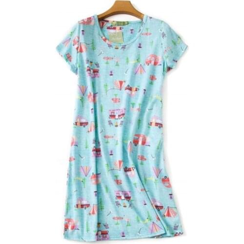 Summer Female High-end Casual Cartoon nighty dress Ladies 100% Cotton Nightgown Women Short Sleeve Round collar sleepshirt