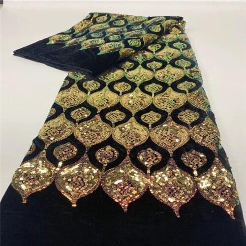 Nigerian Sequins Lace Fabrics Emerald black/gold Mesh velvet Lace African Fabric Lace with Sequins for Women Wedding Party Dress
