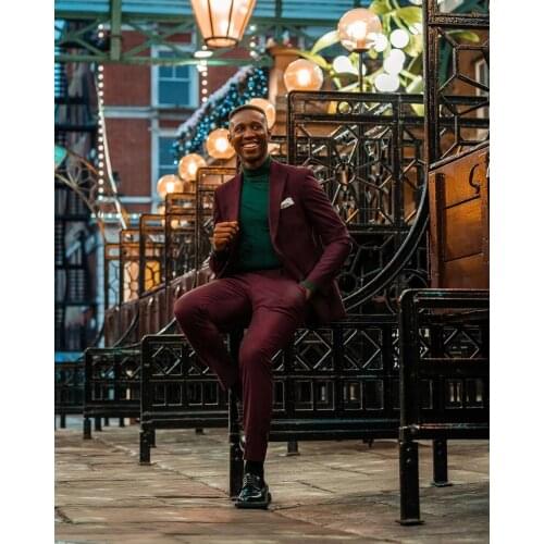 New Streetwear Burgundy Men Suits Peak Lapel Wedding Groom Tuxedos Prom Terno Masculino Blazer 2 Pcs Costume Homme Jacket Pant