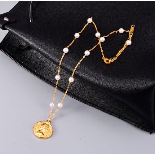 Stainless Steel Necklace for Women Queen Coin Pendant Necklace Pearl Chain Choker Jewelry