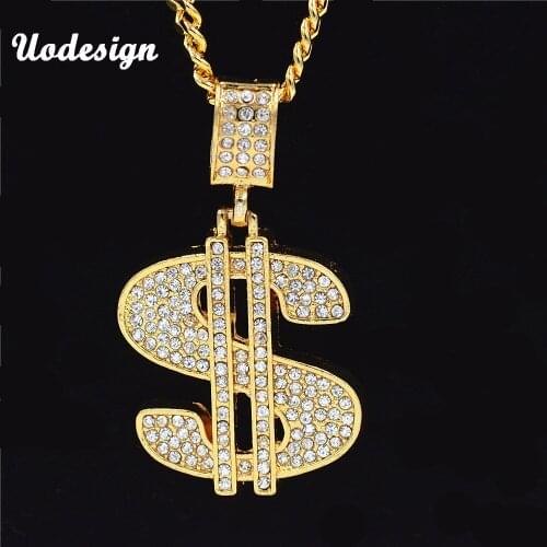 Uodesign Gold Color $ Money Symbol Pendant Hip Hop Bling Crystal Dollar Sign Gold Link Chain Necklace Jewelry