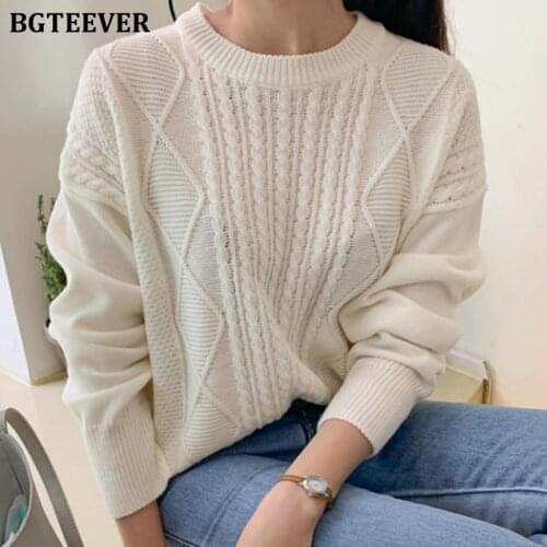 BGTEEVER Casual O-neck Argyle Twisted Women Pullover Sweaters Autumn Loose Full Sleeve White Sweater Jumpers Female Knitted Tops