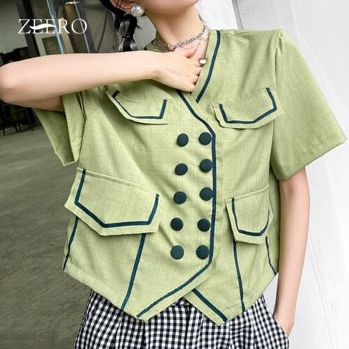 Causal Vintage Women Shirts Female Korean Short Sleeve V-Neck Double Breasted Splicing Blouse Summer Double Pockets Tops Blusas
