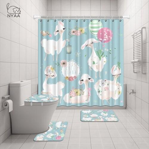 Cute Alpaca Shower Curtain Cartoon Waterproof Mildewproof Non-Slip Bath Mat Set Rugs Toilet Seat Cover Carpets Set