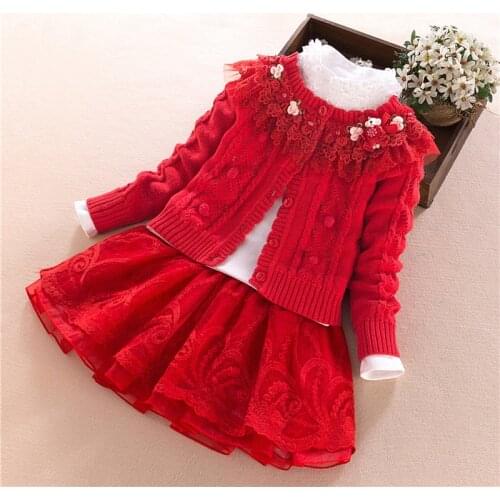 Spring Autumn Girls Sweater Skirt T-shirt 3pcs Clothing Set Children Cotton Cardigan Lace Princess Outfits Kids Mesh Suit Set