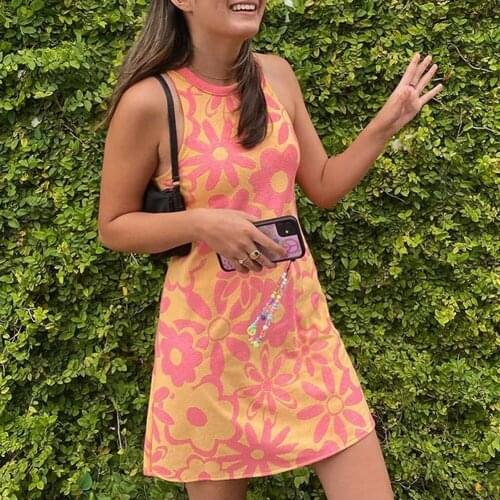Y2K Floral Knit Dresses Sweat Summer Pink Cotton Mini Wrap For Women 2021 Sexy Club Tank Bodycon O Neck Sleeveless Dress E-girl