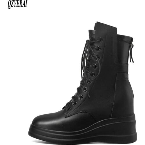 Japan South Korea New winter ankle Women boots Genuine leather 8cm wedges Fashion boots black Women shoes Waterproof Taiwan