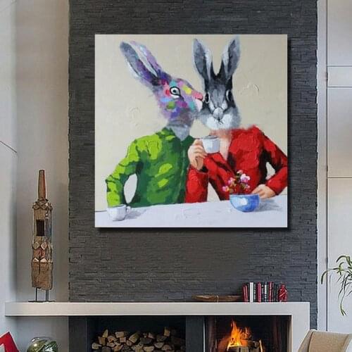 Funny Rabbit Drink Coffe Painting On Canvas Abstract Animal Arylic Painting Green And Red Rabbit Cartoon Painting Wall Art Decor